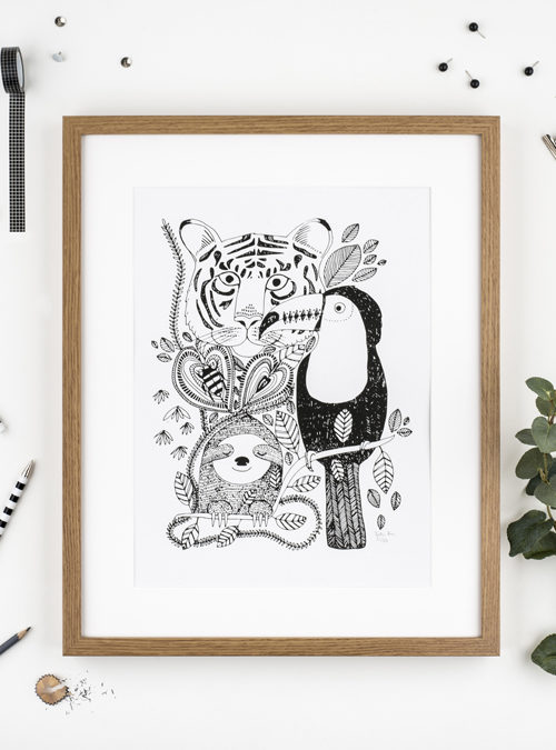 Art print of jungle animals in black and white. Tiger, sloth, toucan, bugs surrounded by leaves.