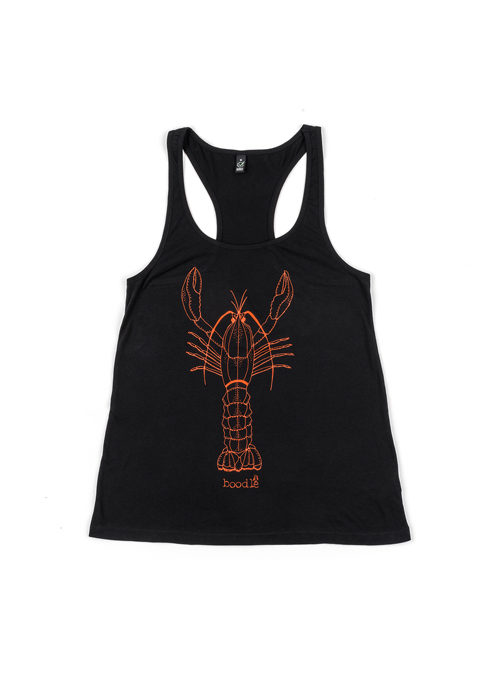 Black organic vest featuring a bright orange lobster