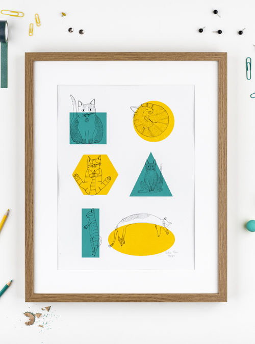 Cat art print featuring illustrations of cats over different shapes. Yellow and teal shapes with illustrations of cats over the top fitting into the shapes