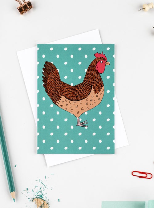 Illustration of a red chicken in front of a teal background with eggs on it