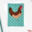 Illustration of a red chicken in front of a teal background with eggs on it