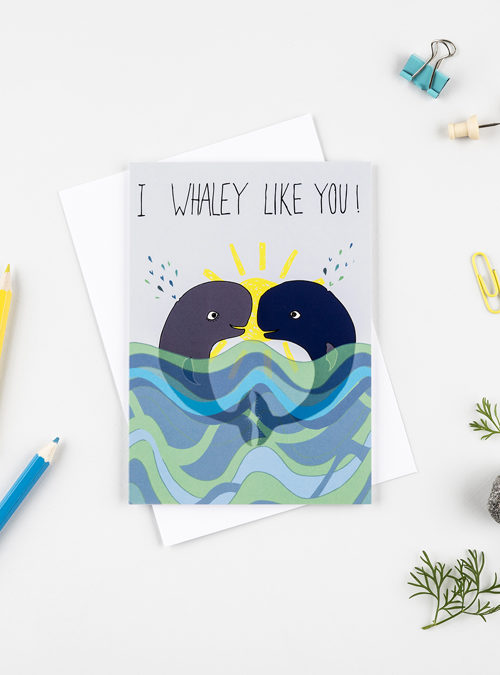 Whaley like you card featuring 2 whales facing each other with the text 'I Whaley like you' above