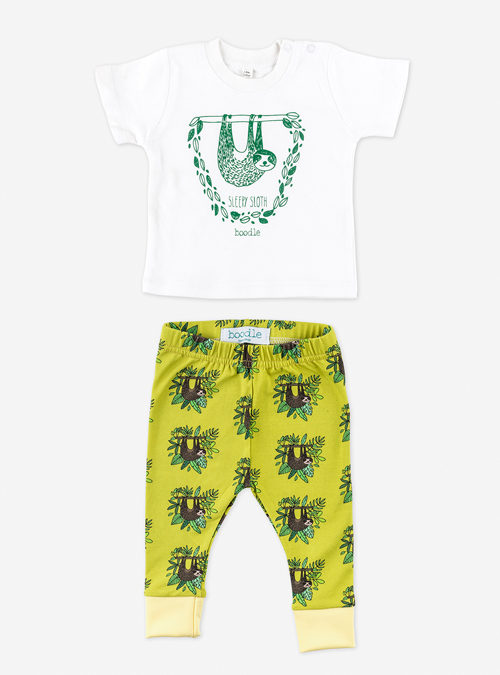 Photo of a sloth baby outfit. yellow sloth leggings featuring hanging sloths surrounded by leaves. Paired with organic white cotton featuring a hanging sloth with the wording 'Sleepy sloth' underneath