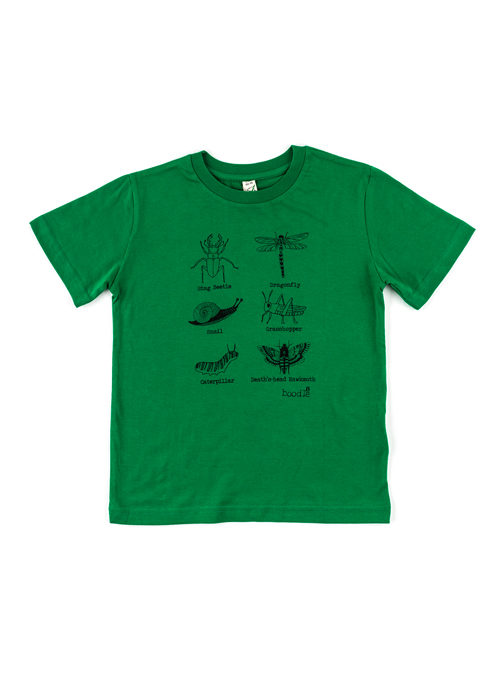 Kids green T-shirt featuring 6 bugs in black ink