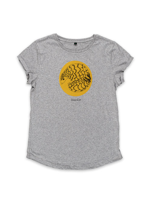 photograph of a grey organic t-shirt with a yellow circle with a black illustration of a pangolin on top