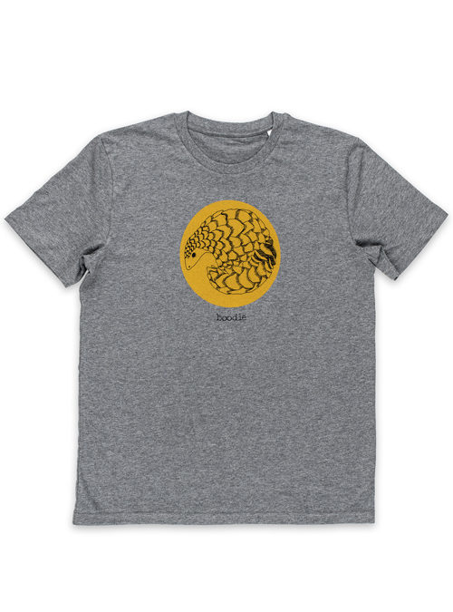 Grey Mens T-shirt featuring an illustration of a pangolin on a yellow circle background.