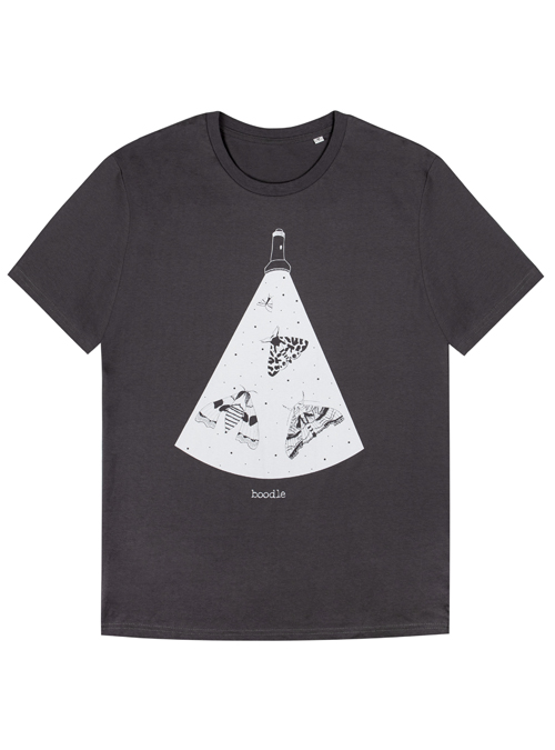 Mens charcoal T-shirt featuring 3 moths flying under torchlight. Illustrative design