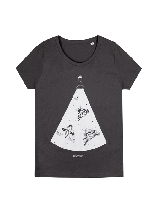 Charcoal grey womens T-shirt featuring a torch shining light on 3 beautiful moths