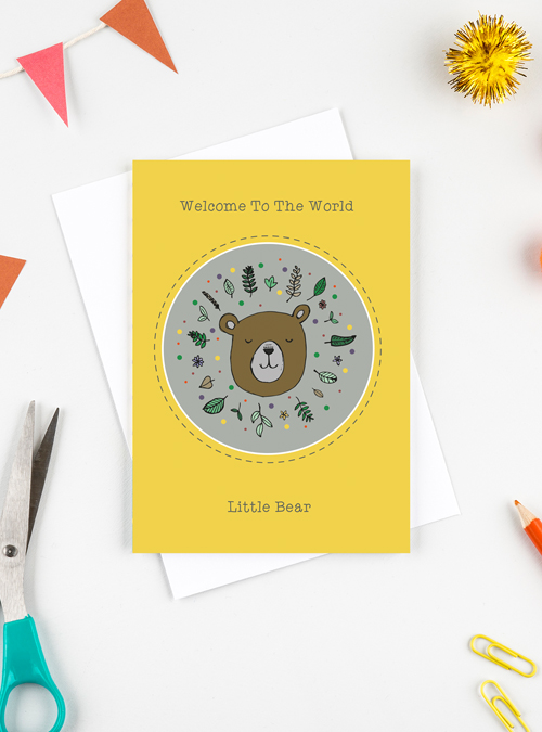 New baby card featuring a baby bear