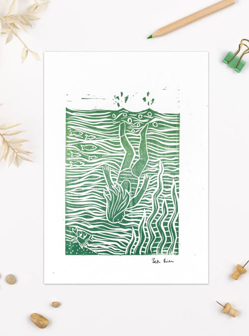 wild swimming art print featuring a woman diving into the sea.