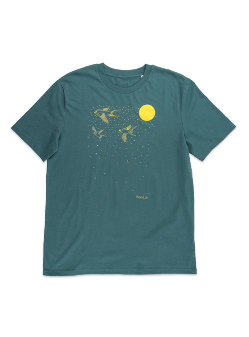 Mens Swallow bird T-shirt. Dark teal T-shirt featuring swallows flying under the moon