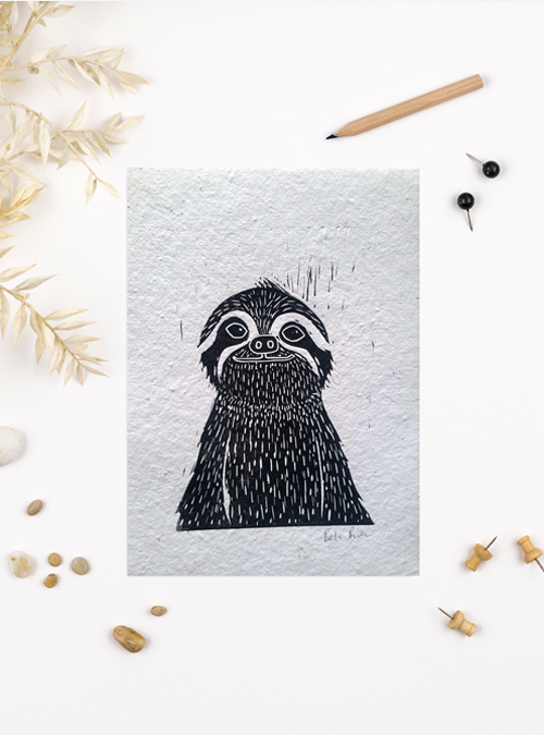 Photo of a sloth lino print